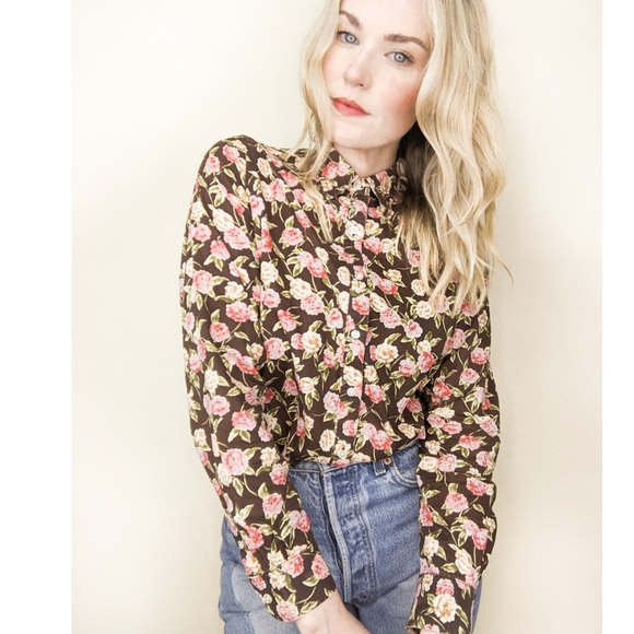 90s Brown Floral Long Sleeve Button Down Blouse - Picture 12 of 14